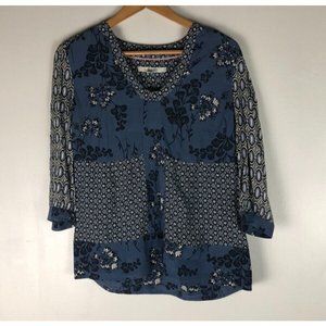 Boden Blue Mollie Top Floral Patchwork Relaxed Fit 3/4 Sleeves 100% Viscose Sz 8